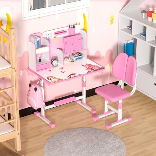 Kids Desk and Chair Set, Height Adjustable Study Table with Sitting Corrector O3453