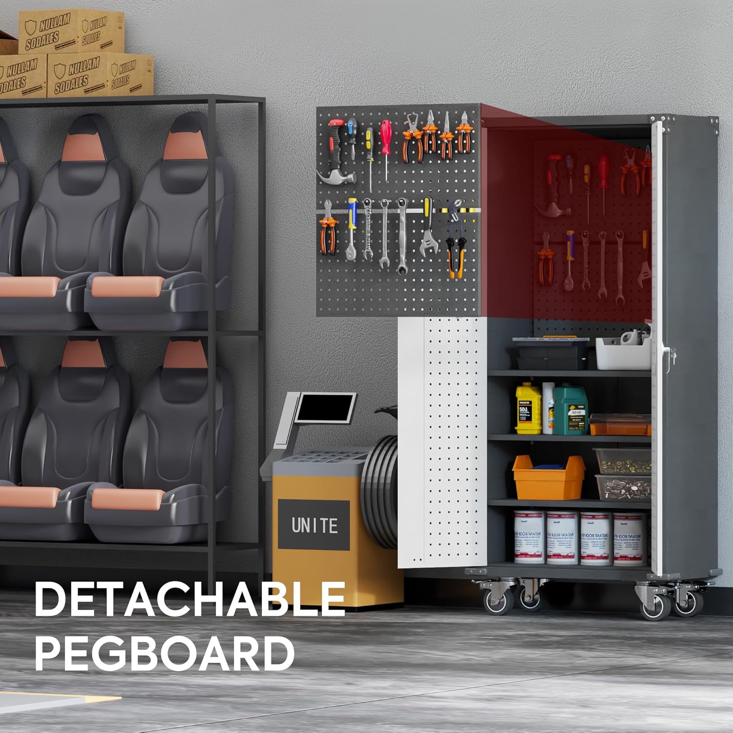 Metal Storage Cabinet with Pegboard and Wheels Q7622