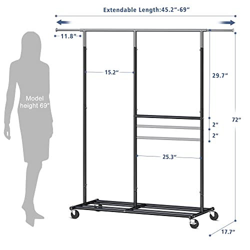 Heavy Duty Rolling Clothes Rack with Wheels, Collapsible Metal Garment Rack K572