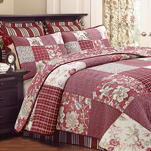 Cozy Line Home Fashions Sanders Red Navy Blue Brown Floral Print Real Patchwork, 100% Cotton Reversible Coverlet, Bedspread, Quilt Bedding Set (Red/Navy, King - 3 Piece)