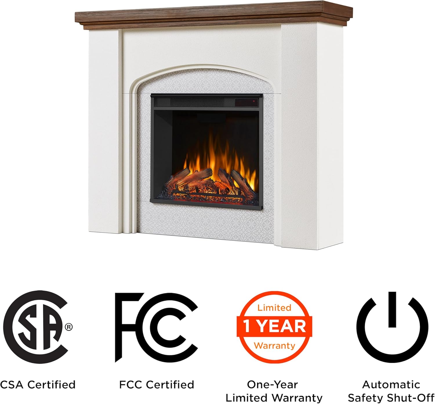 Electric Fireplace with Mantel for Living Room or Bedroom, Remote Control, Timer, White S683