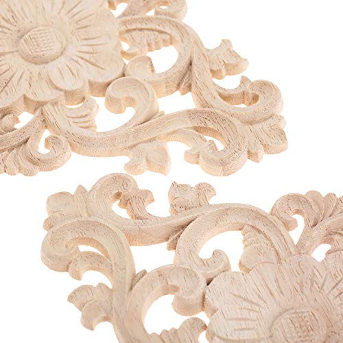 Wood Carved Appliques, 2Pcs Unpainted Wooden Onlays for Furniture Cabinet Door Wall Decor, 15x10.5cm H161