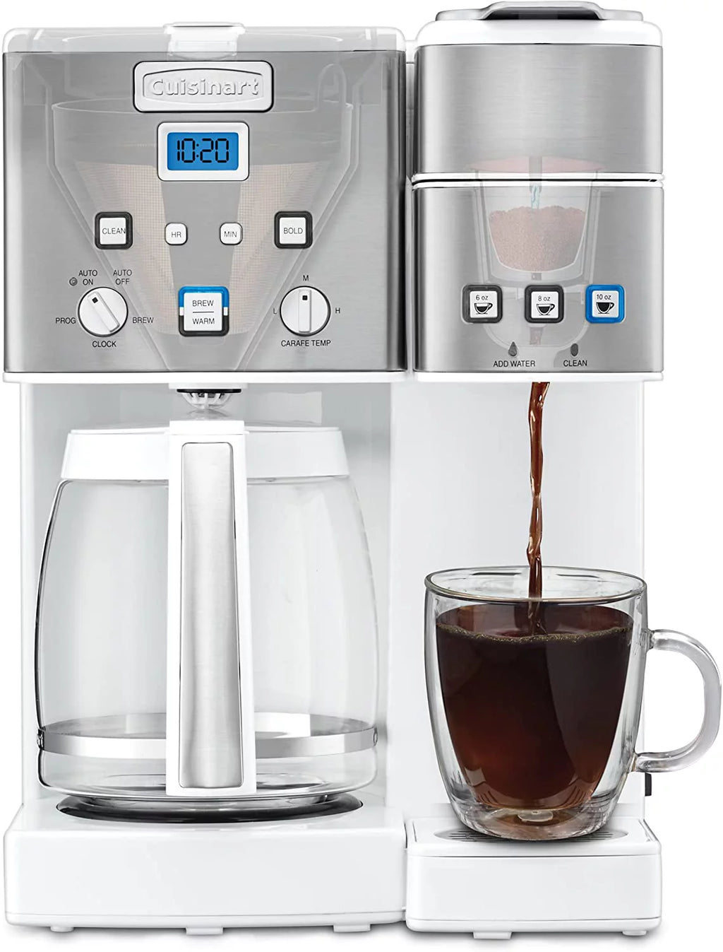 12-Cup Coffeemaker and Single-Serve Brewer, White Stainless Steel T316