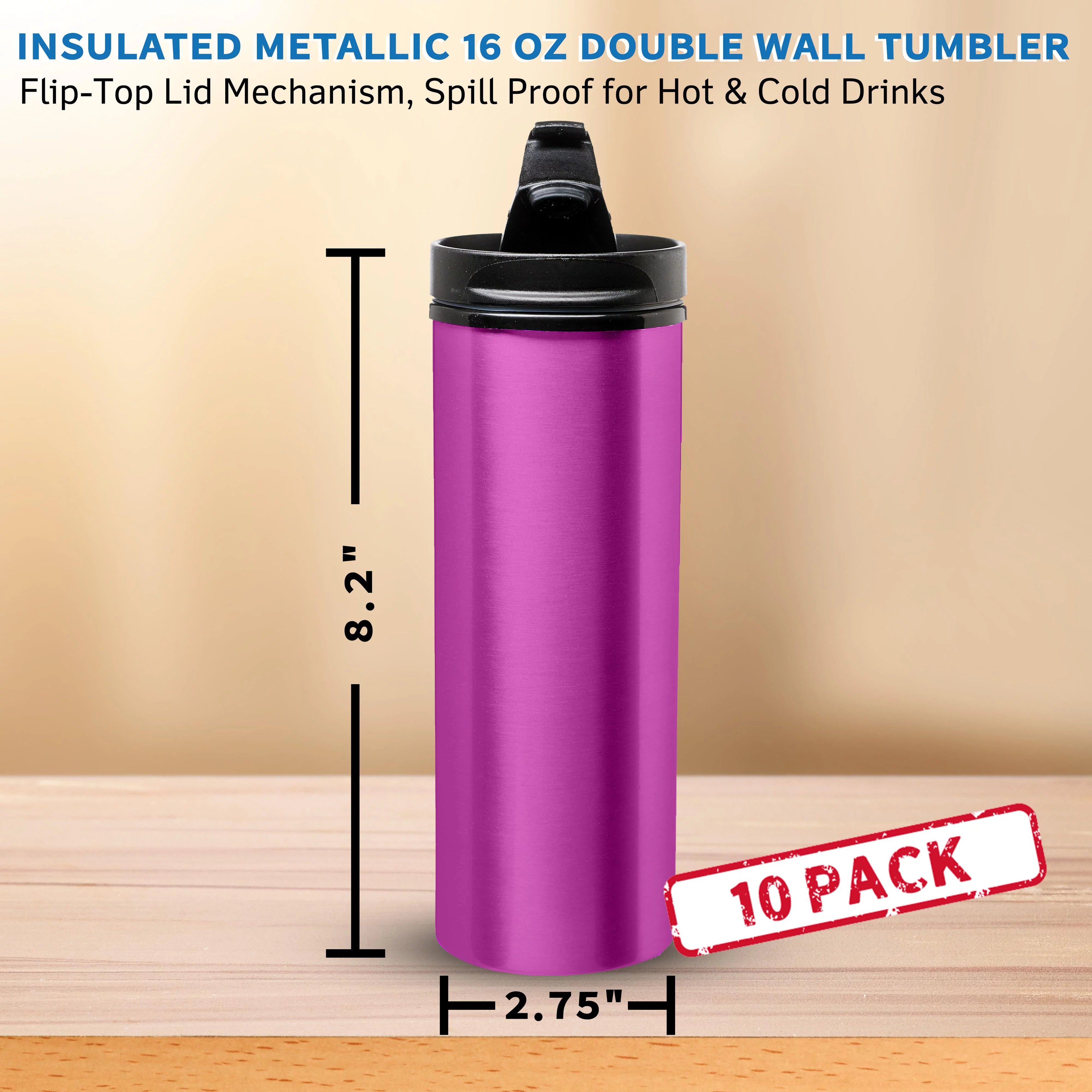 16 oz Double Wall Tumbler with Flip-Top Lid, Spill Proof, Purple, 10 Pack J244743