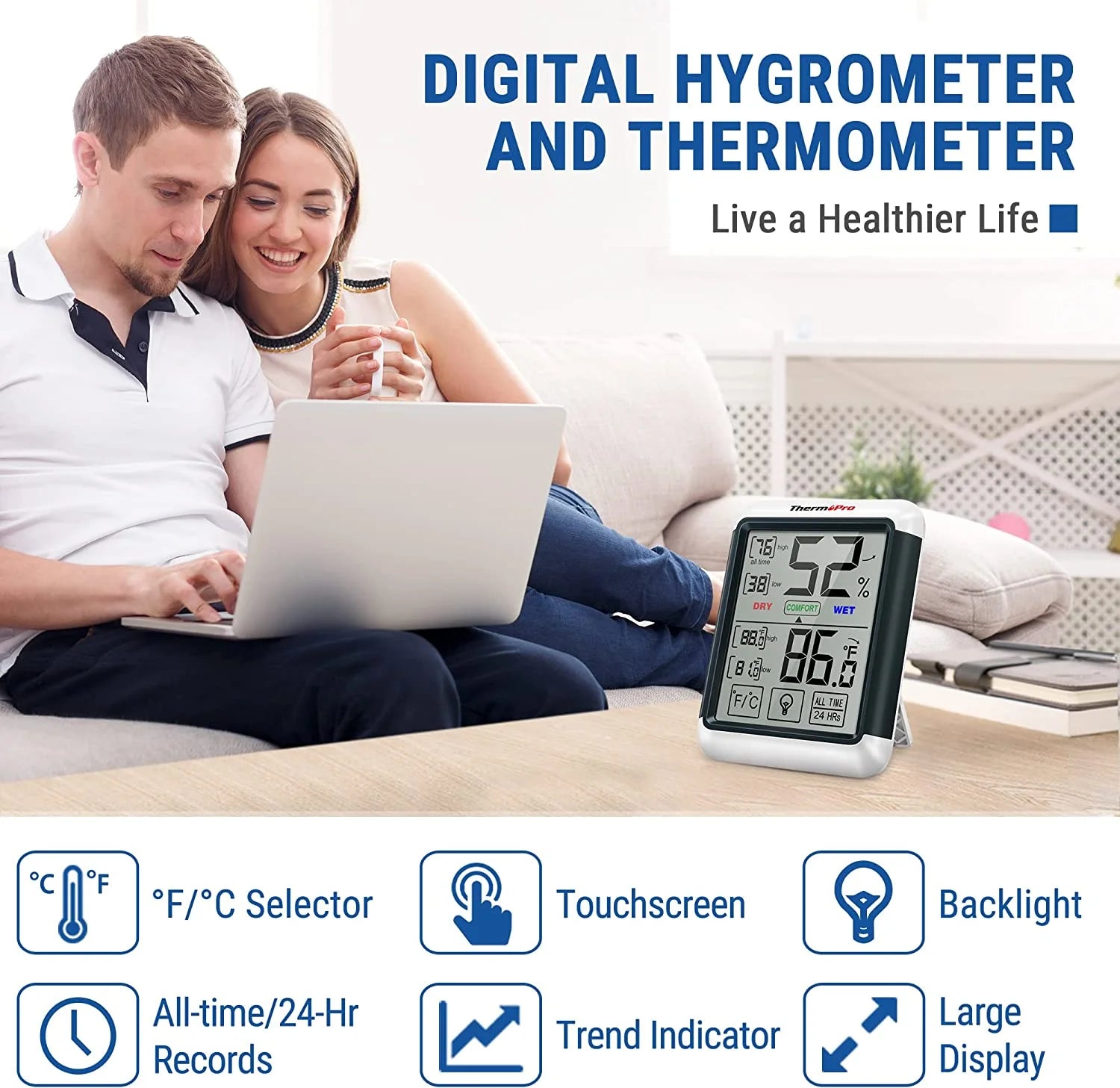 Digital Hygrometer Indoor Thermometer Humidity Gauge with Touchscreen and Backlight B307247