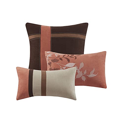 Modern Faux Suede Comforter Set with Stripe Design, Queen, Brown, 7 Piece T450652