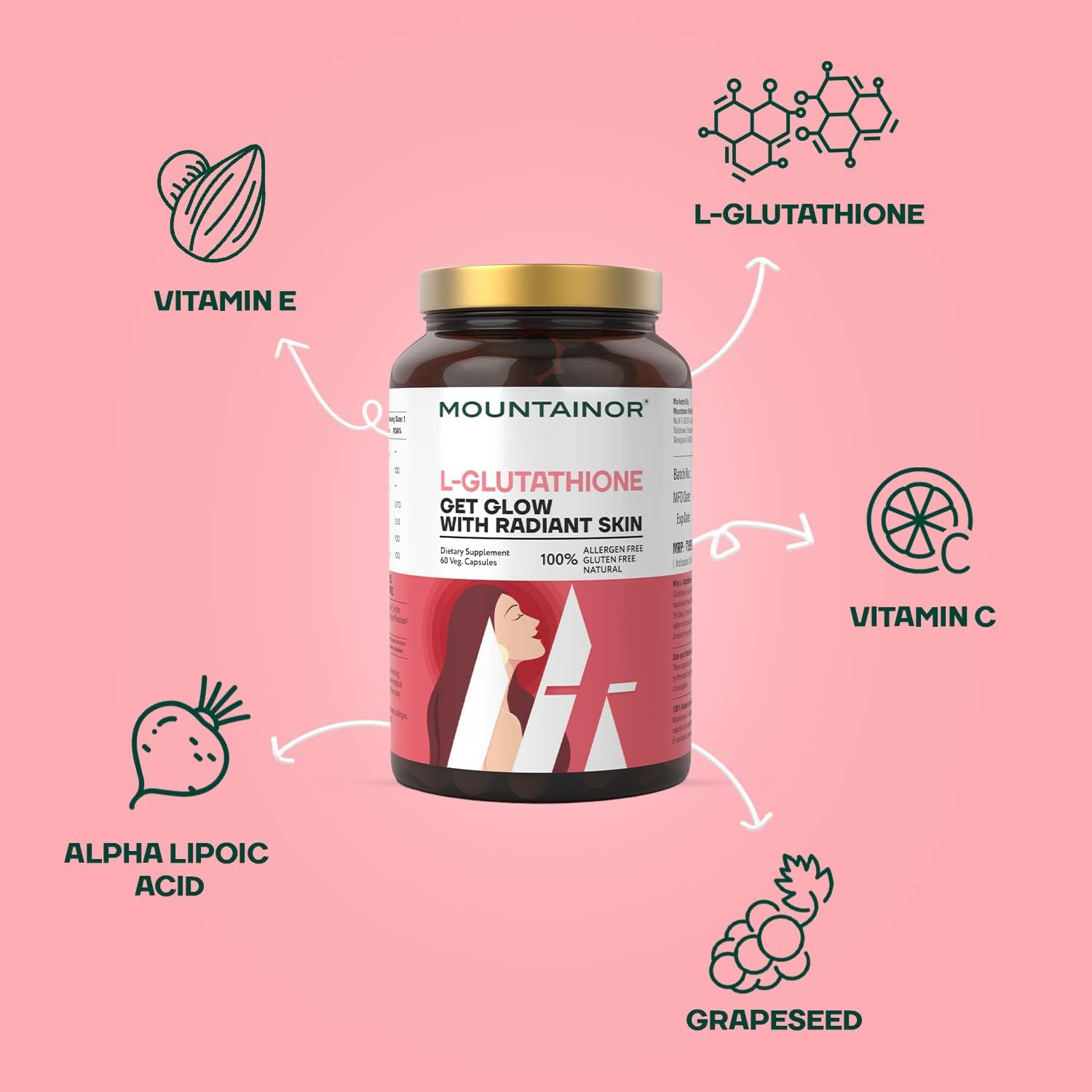 Glutathione 1000mg with Vitamin C & Biotin for Skin Brightening, 60 Veg Caps D15434