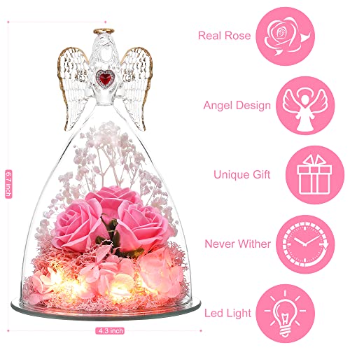 Preserved Real Roses in Glass with Angel Figurine, Birthday Gift for Women G2878