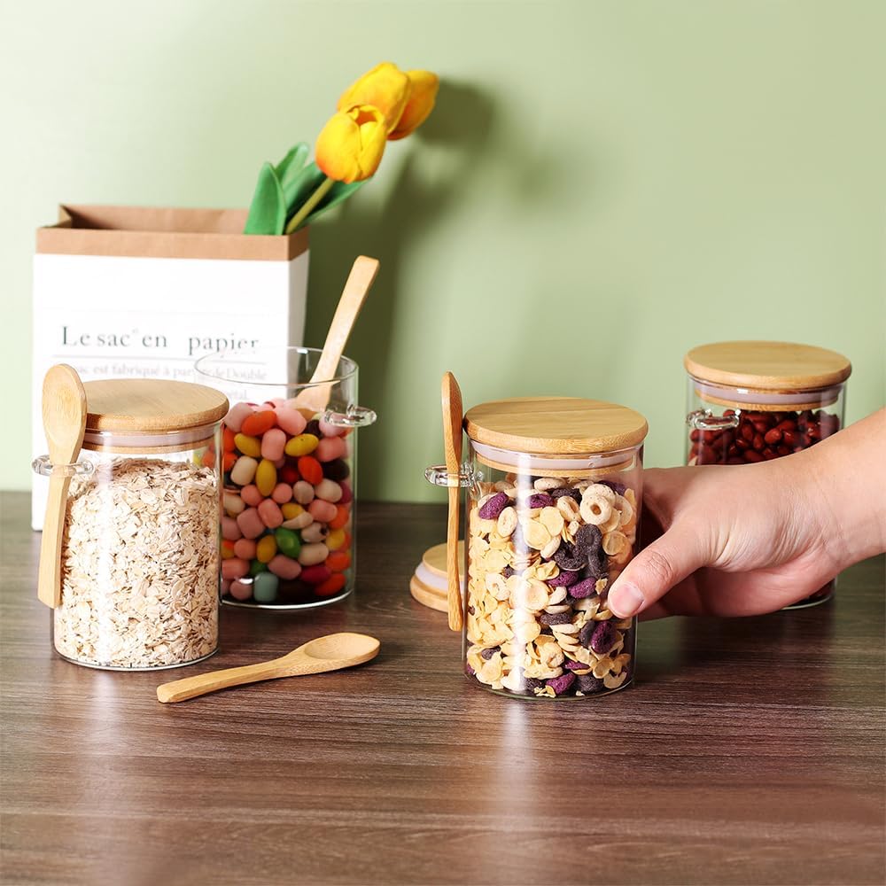 Glass Containers with Bamboo Lids and Wooden Spoons, 17 OZ Overnight Oat Jars (6 Pack) O92322
