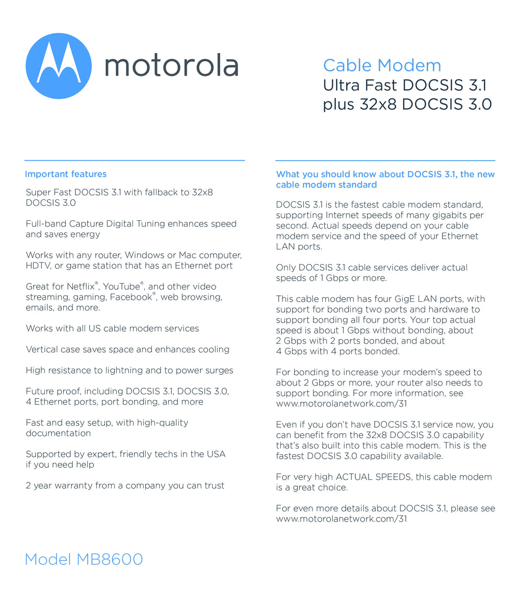 DOCSIS 3.1 Cable Modem, Supports Plans up to 1000 Mbps U32565