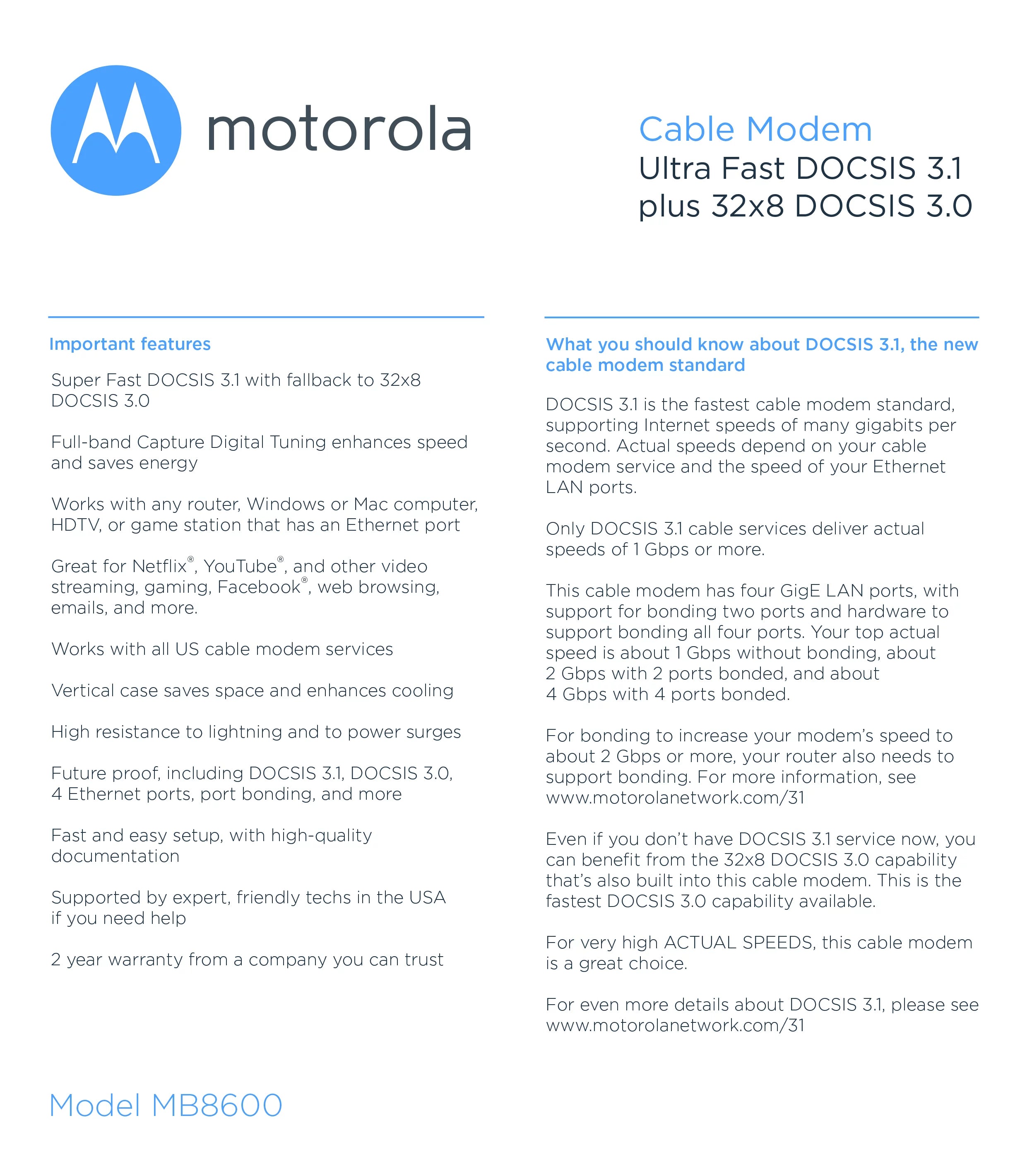 DOCSIS 3.1 Cable Modem, Supports Plans up to 1000 Mbps U32565