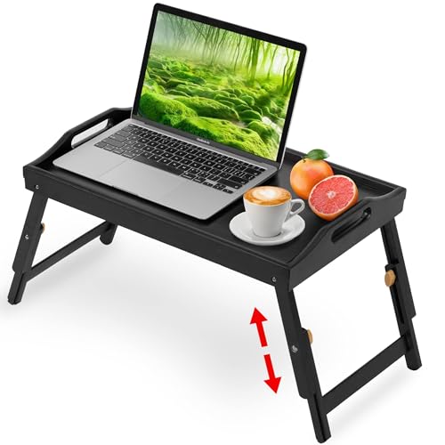 Large Breakfast Bed Tray for Eating - Height Adjustable Raised Food Table - Bamboo Serving Tray on Lap Sofa - Portable Snack Platter with Folding Legs Ideal for Bedroom Picnic - Natural