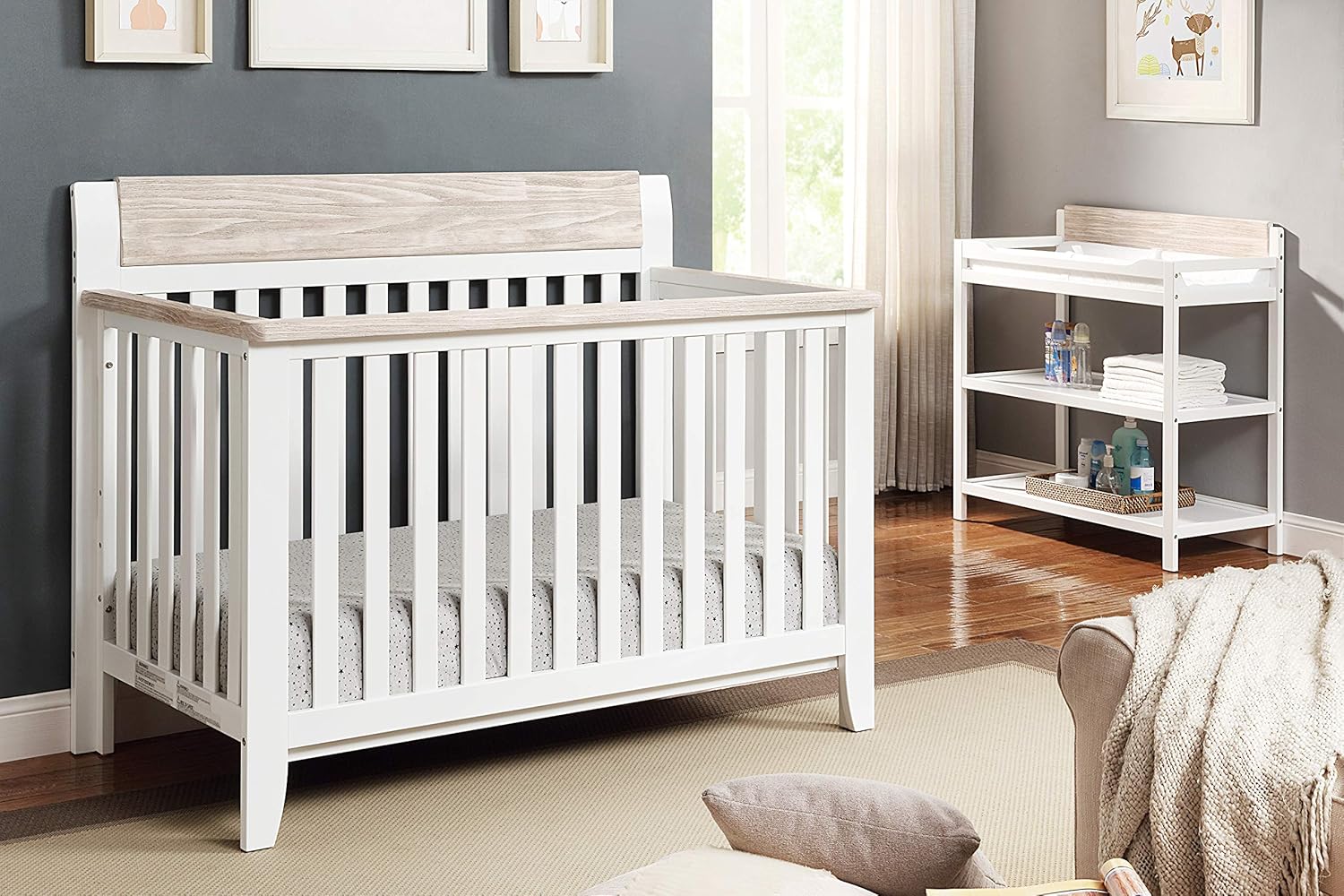 4 in 1 Convertible Crib, White and Wire Brushed Wood V2044