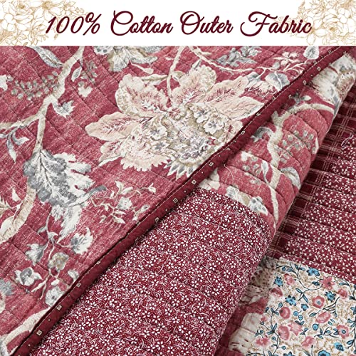 Red Navy Blue Brown Floral Print Reversible Cotton Coverlet Bedding Set, King 3 Piece O650917