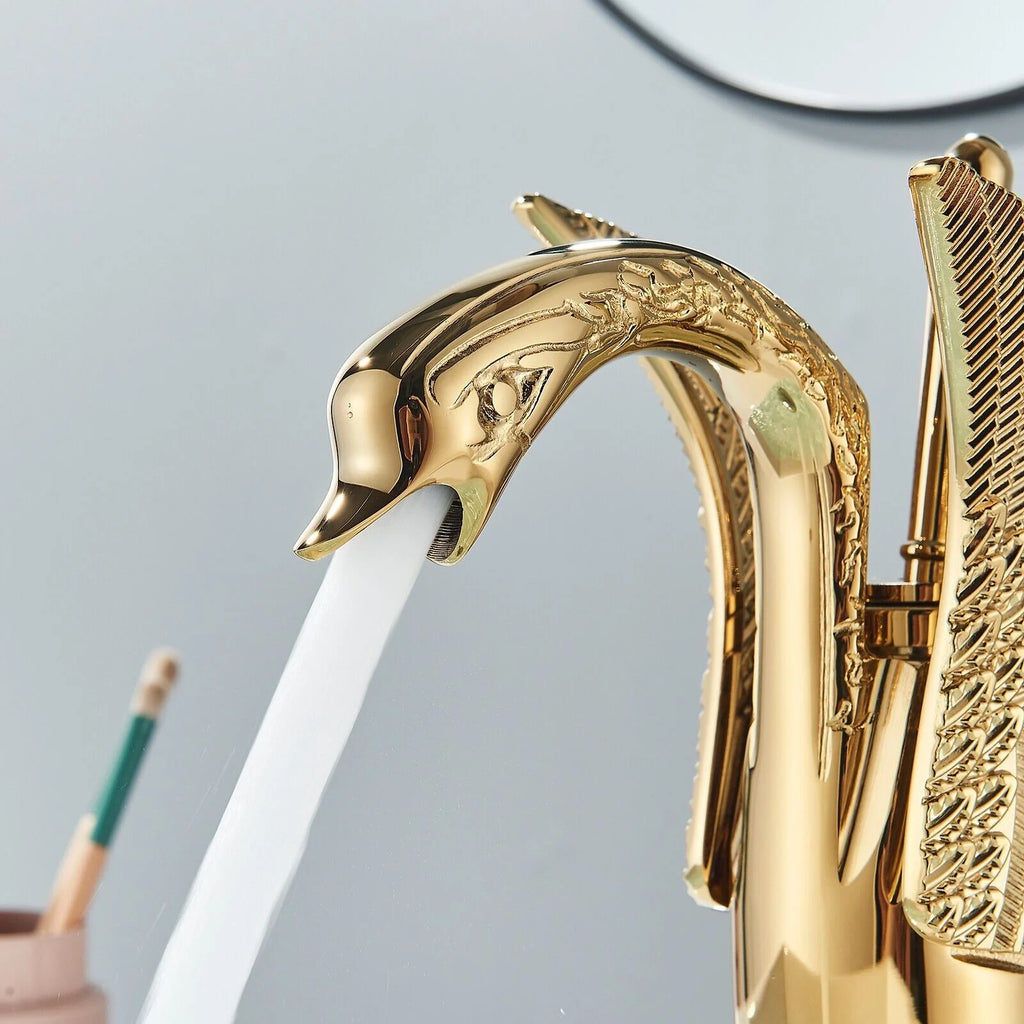 Swan Faucet Bathroom Sink Faucet Polished Gold Single Handle One Hole Basin Tap W86189