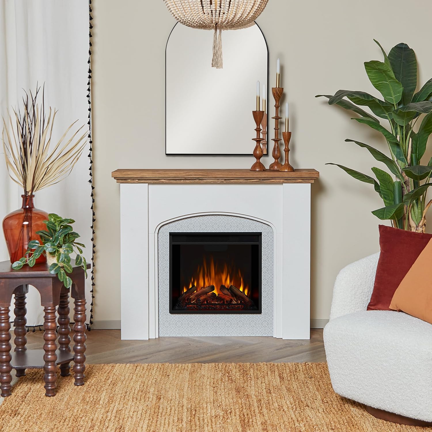 Electric Fireplace with Mantel for Living Room or Bedroom, Remote Control, Timer, White S683