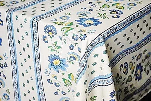 Le Cluny French Provence Tablecloth, 52" x 72" Rectangular, Coated Cotton Easy Care, Fayence Cream Blue