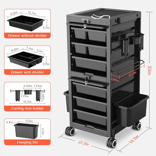Lockable Beauty Salon Cart with 6 Drawers and Tool Holders, Rolling, Pink W9639