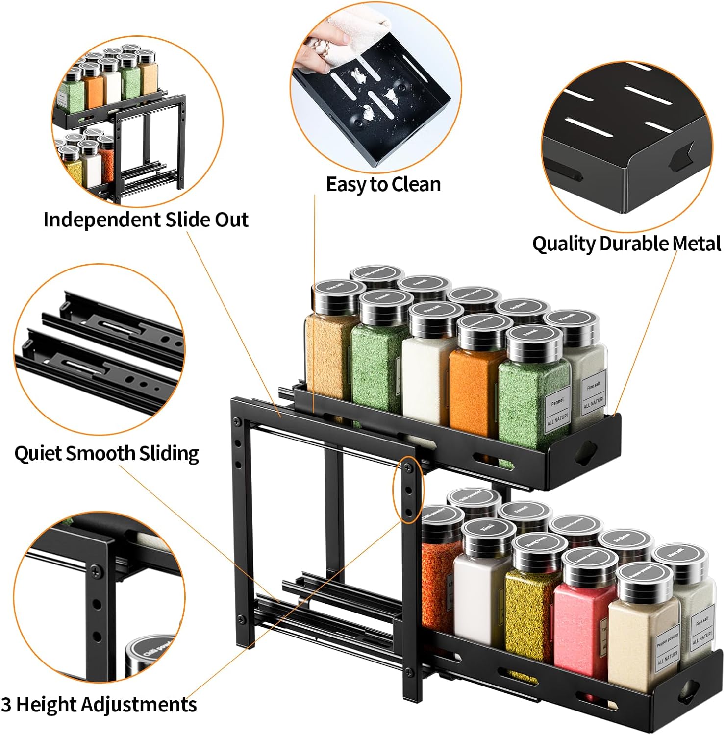 Spice Rack Organizer for Cabinet, 2-Tier Slide Out, Black X819264