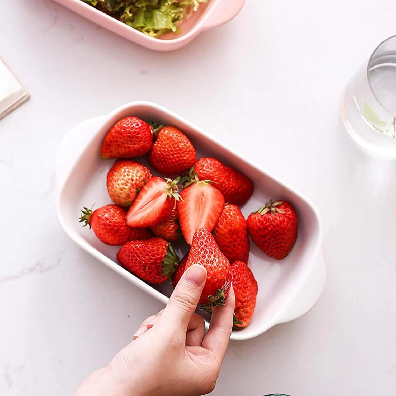 Small Ceramic Baking Dish with Handles, 9 x 5 Inches, 2-Piece Set, White M962812