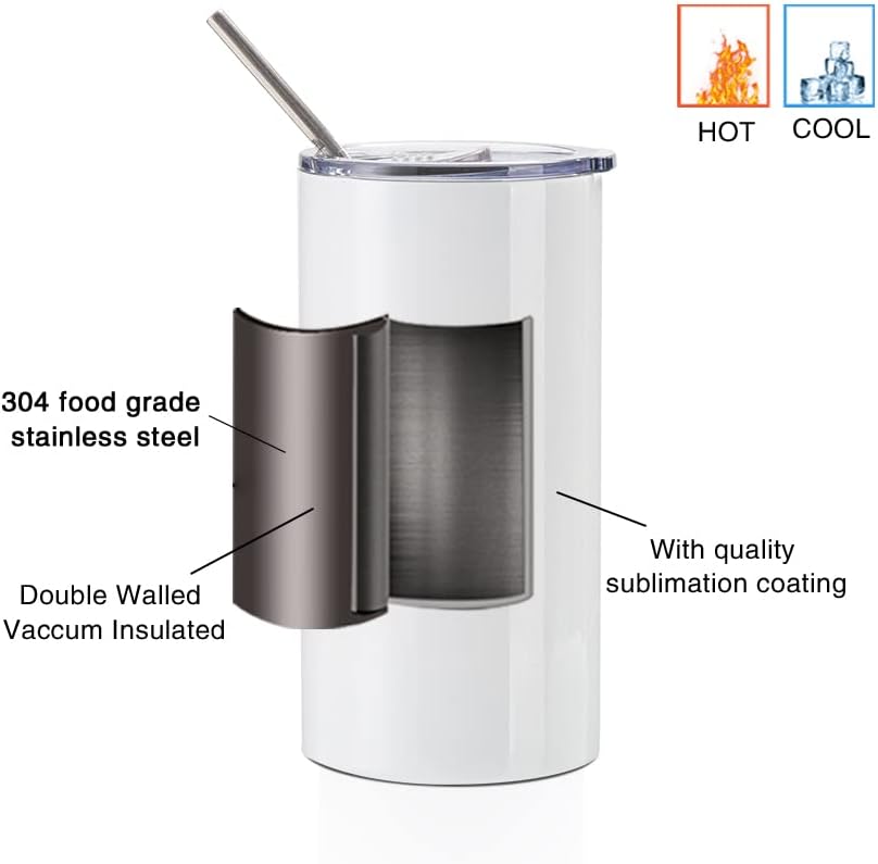 Sublimation Blanks Tumbler 20 oz White Stainless Steel Cups with Lid and Straw 4 Pack N833