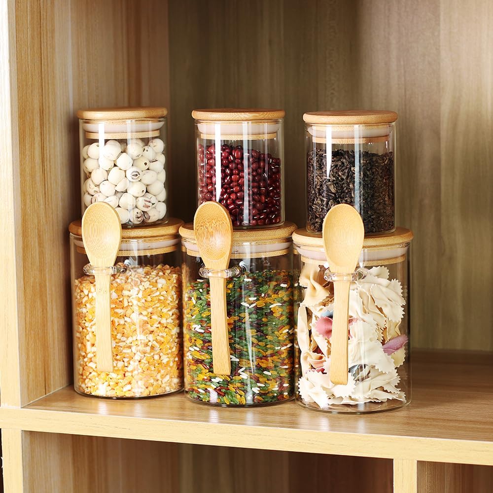 Glass Jars with Bamboo Lids and Spoons, Set of 6 S6154
