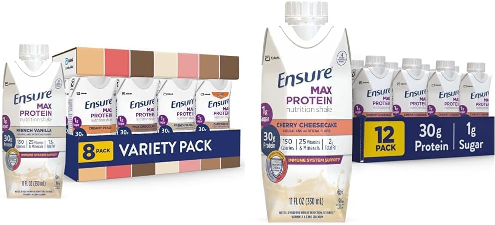 Ensure Max Protein Nutrition Shakes, Variety Pack, With 30g of Protein & Max Protein Nutrition Shake, with 30g of Protein, 1g of Sugar, High Protein Shake, Cherry Cheesecake, 11 fl oz, (Pack of 12)