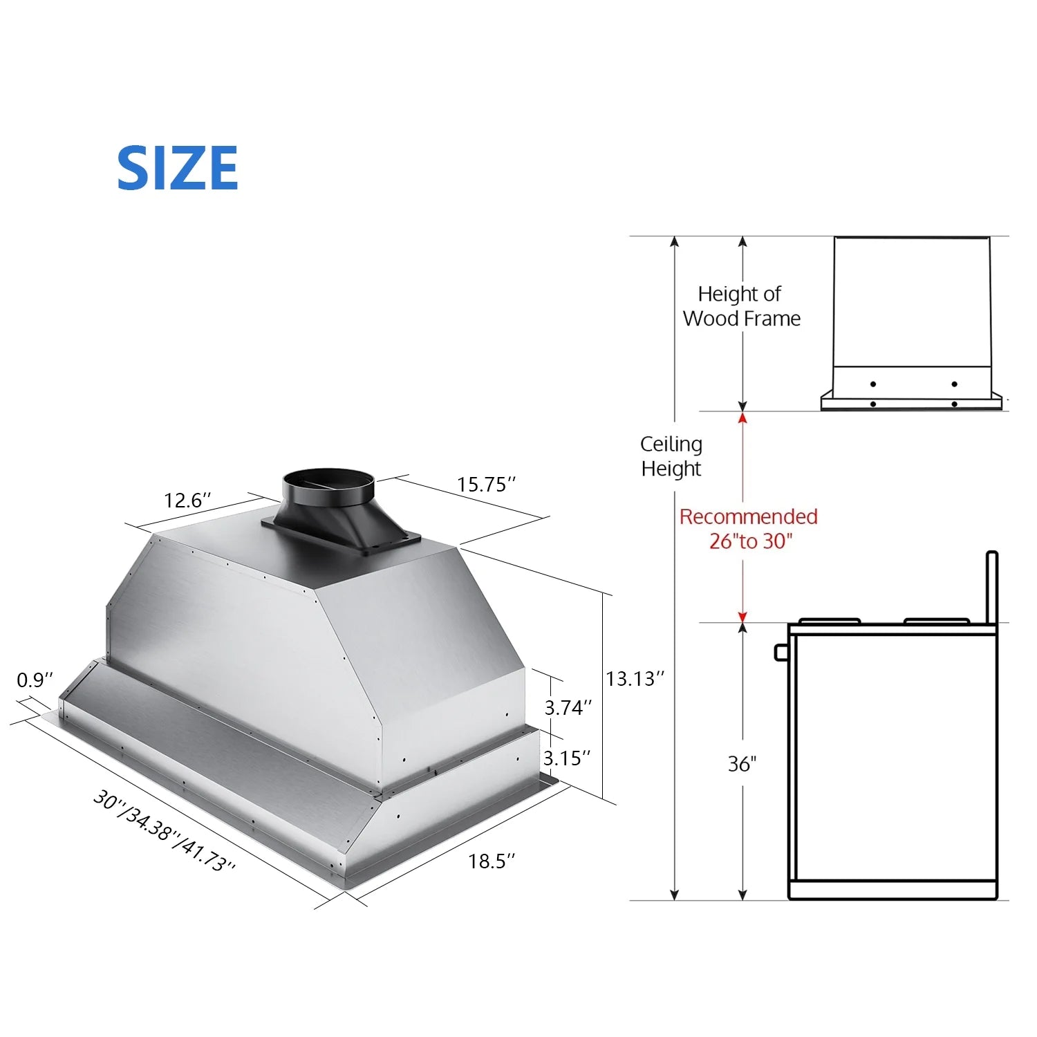 36 inch Built-in Range Hood 900 CFM Ducted Ductless Stainless Steel O337458