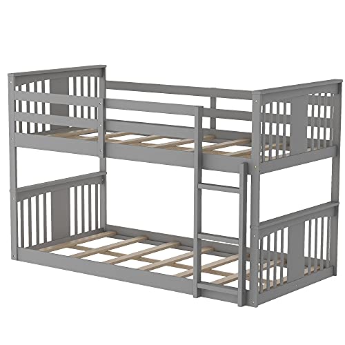 Twin Over Twin Low Bunk Bed with Ladder for Toddlers Kids - White D828