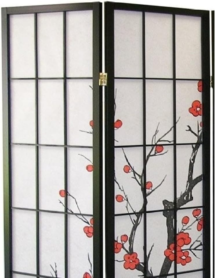 4-Panel Folding Shoji Room Divider with Plum Blossom Design D825787