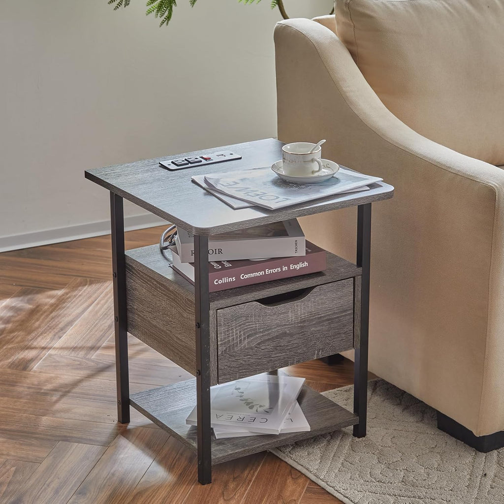 Nightstand Set of 2 with Charging Station, Wheels, and Drawer Y6233