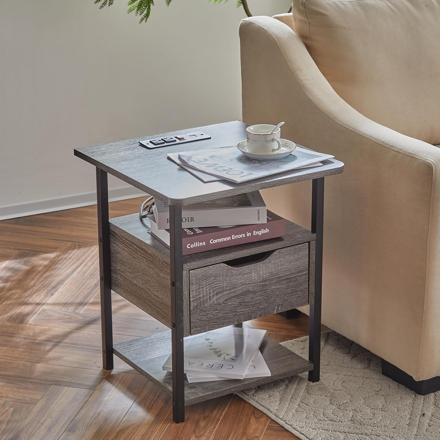 Nightstand Set of 2 with Charging Station, Wheels, and Drawer Y6233