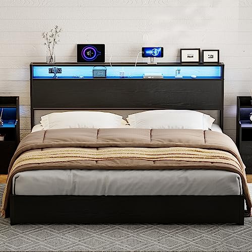 California King Storage Headboard with Charging Station and LED Lights T957820