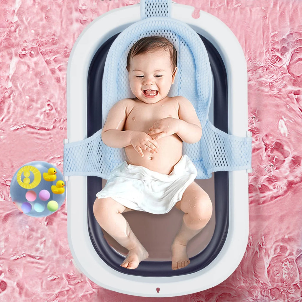 31'' Folding Baby Bathtub Travel Bathtub Newborn Tub with Support Baby Bath Seat Shower Mat to Recline or Sit Up for 0-6Y Infants and Toddlers,Blue