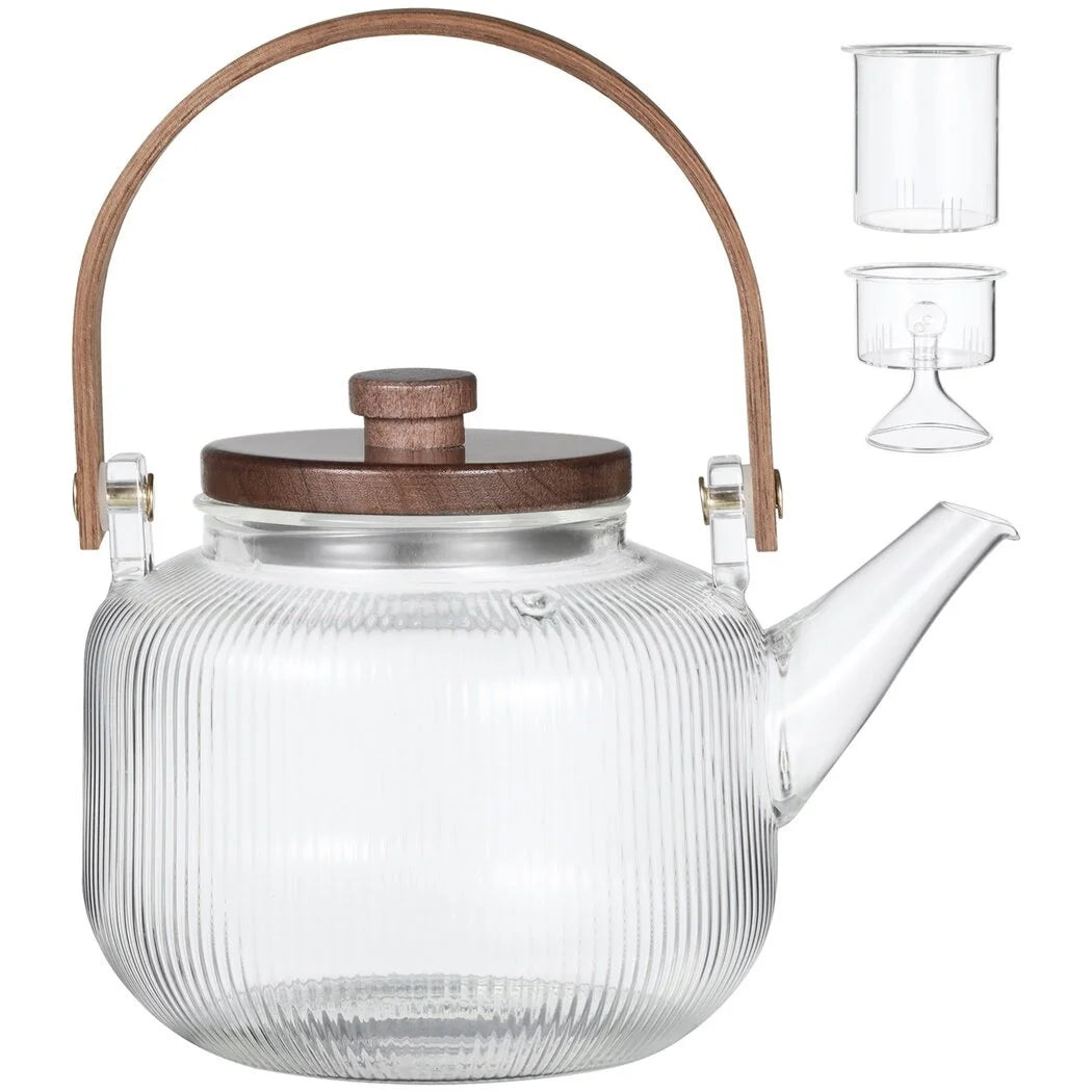 34oz Glass Stovetop Teapot, Borosilicate Glass Tea Pot with 2 Types of Removable Insufers, Heat-Resistant Tea Kettle with Wooden Lid, Tea Maker for Boiling Tea, Gas & Electric Stove Safe