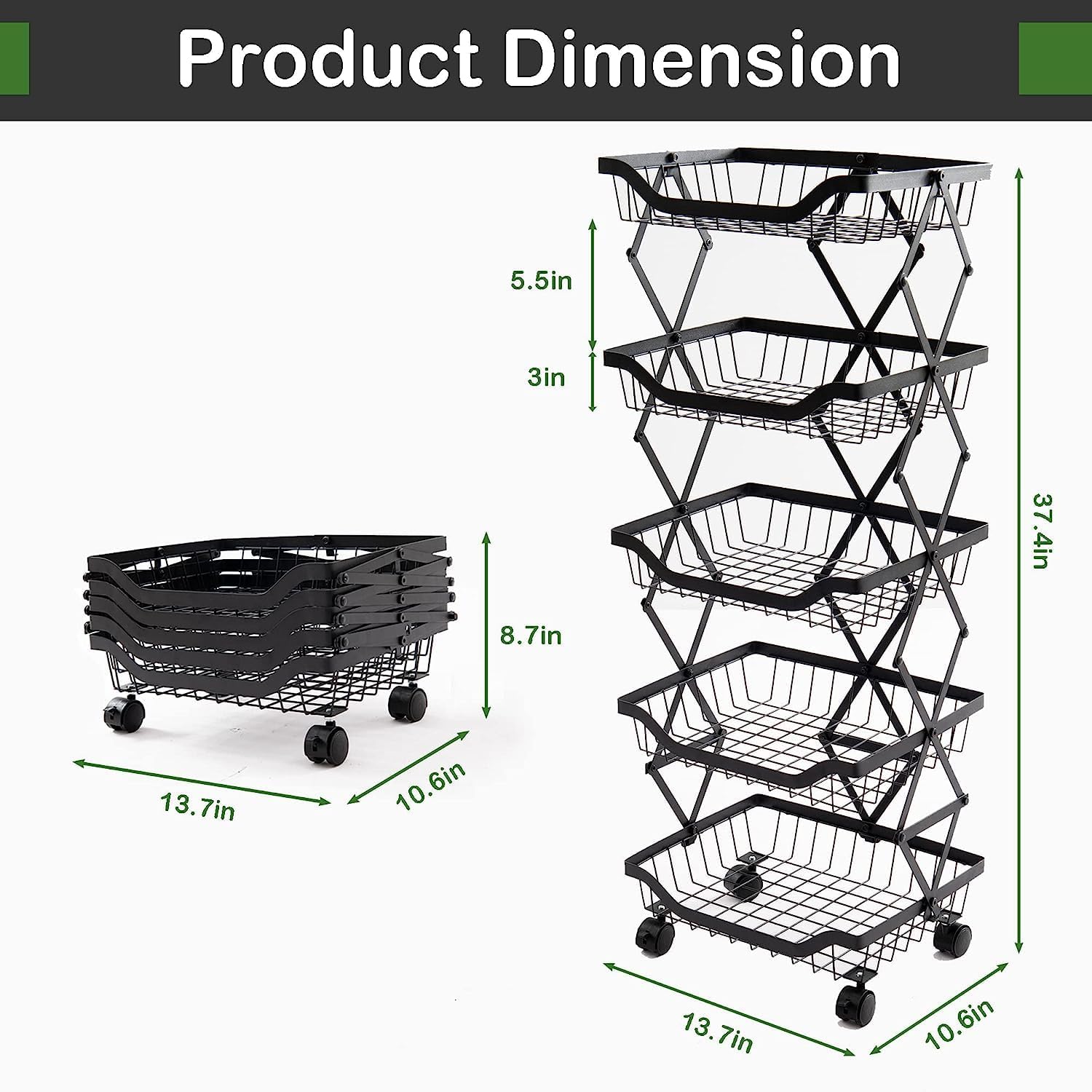 5 Tier Foldable Rolling Storage Cart for Vegetable and Fruit S651