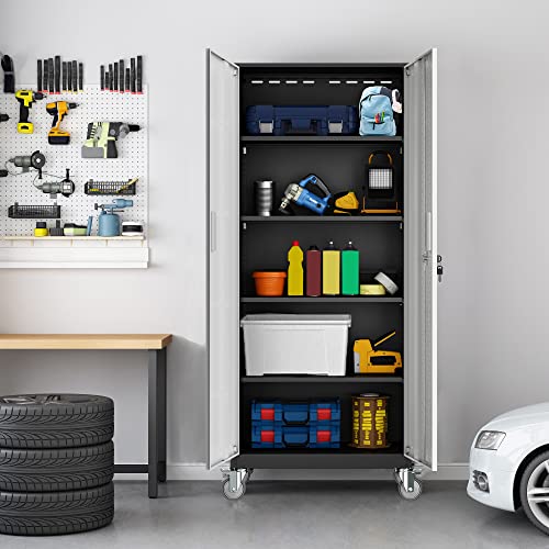 72" Metal Garage Storage Cabinet with Wheels, Adjustable Shelves & Locking Doors Q66304