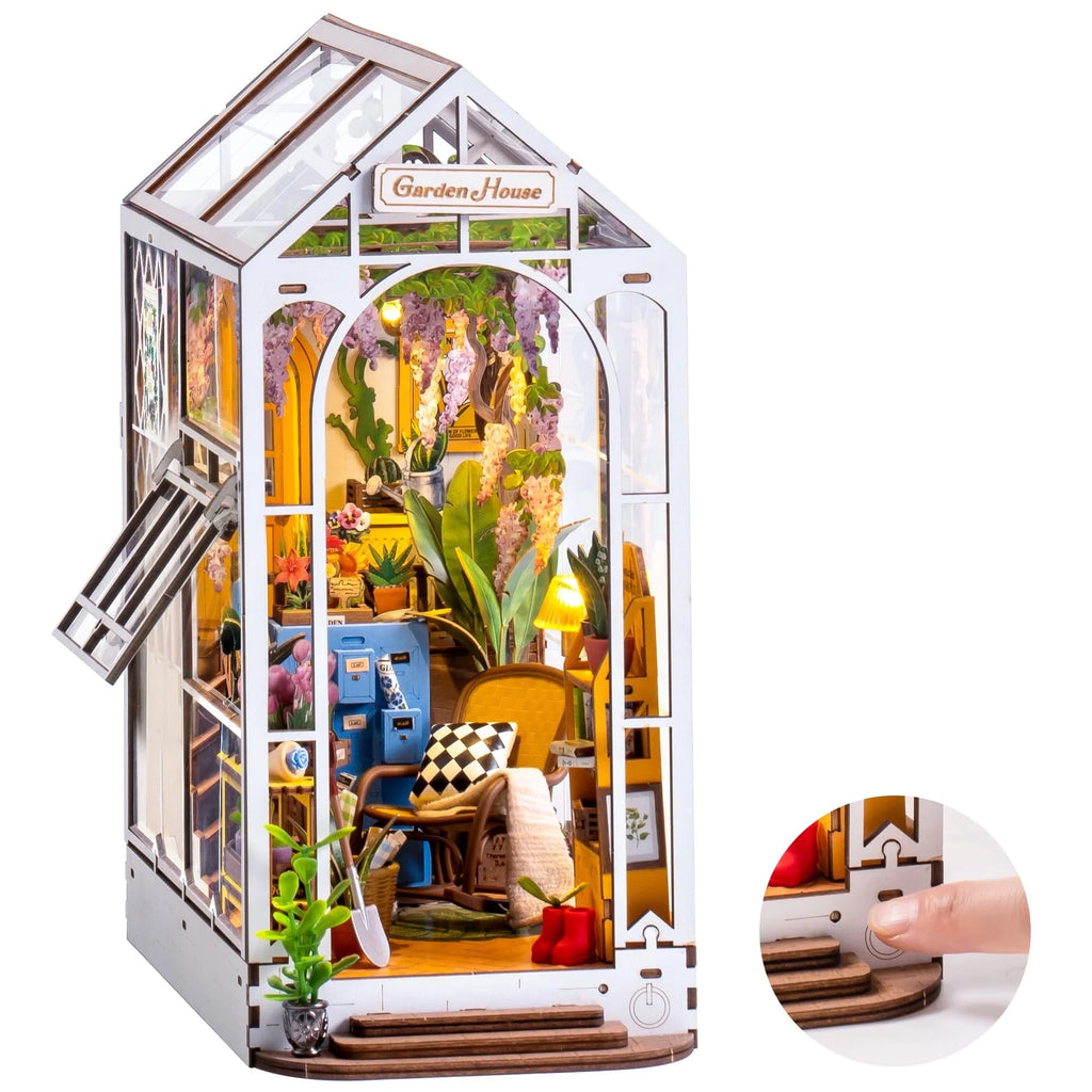 Robotime Book Nook Kit DIY Miniature House with LED Light Booknook Bookshelf Insert Decor Wooden Bookend Craft Hobby Diorama Kit Unique Gifts,Garden House