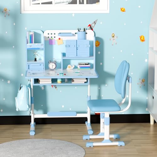 Kids Desk and Chair Set, Height Adjustable Study Table with Sitting Corrector O3453