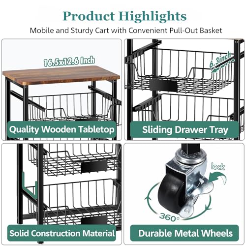 Rolling Kitchen Storage Cart with 4 Pull-Out Baskets and Wood Top V50585