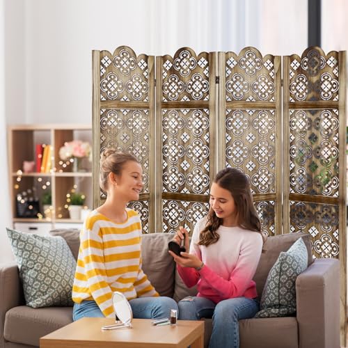 Carved Room Divider, 6 Panel Folding Privacy Screen, Retro Flower Pattern, Grey K413