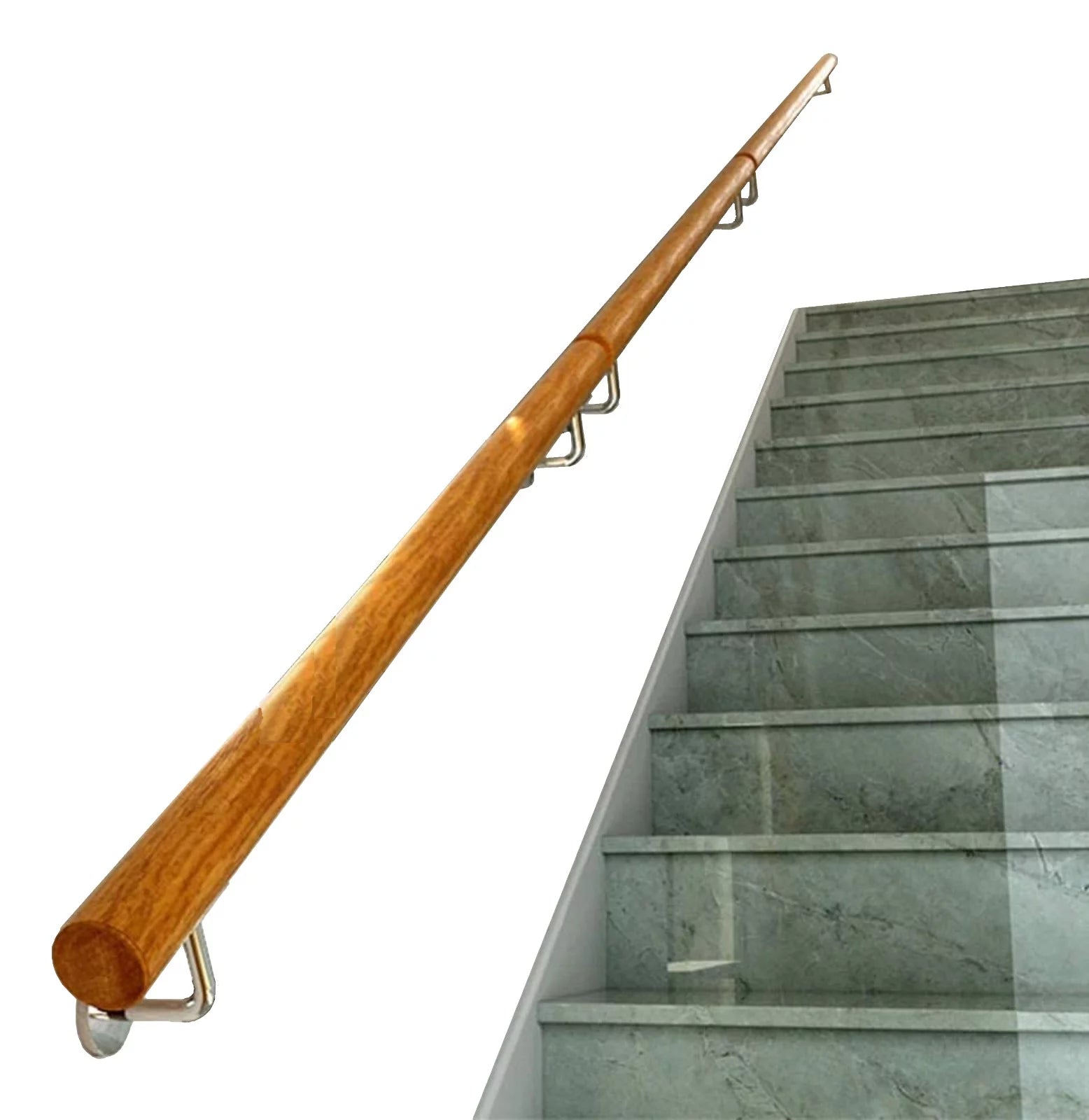 Wooden Stair Handrail 15 FT with Iron Brackets, Non-Slip Grab Bar for Indoor Stairway R5279