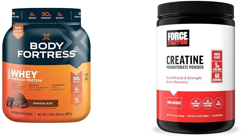 Body Fortress 100% Whey Premium Protein Powder Chocolate 1.78lbs & FORCE FACTOR Creatine Monohydrate for Muscle Gain Strength Faster Recovery 60 Servings