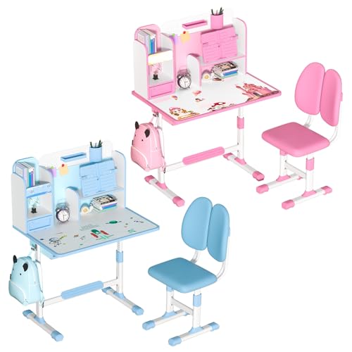 Kids Desk and Chair Set, Height Adjustable Study Table with Sitting Corrector O3453