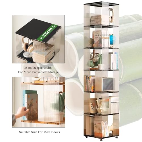 Rolling Bookcase, Bamboo 360° Rotating Bookshelf Tower with Wheels Z7303
