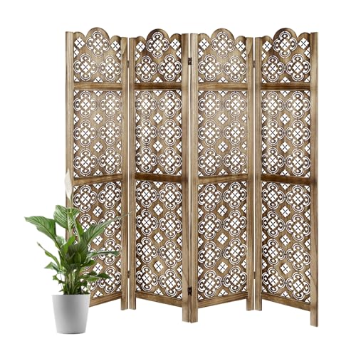 ECOMEX Carved Room Dividers,6 Panel Room Divider with Hand Carved Vintage Style Room Dividers and Folding Privacy Screens,Retro Flower Pattern, Grey