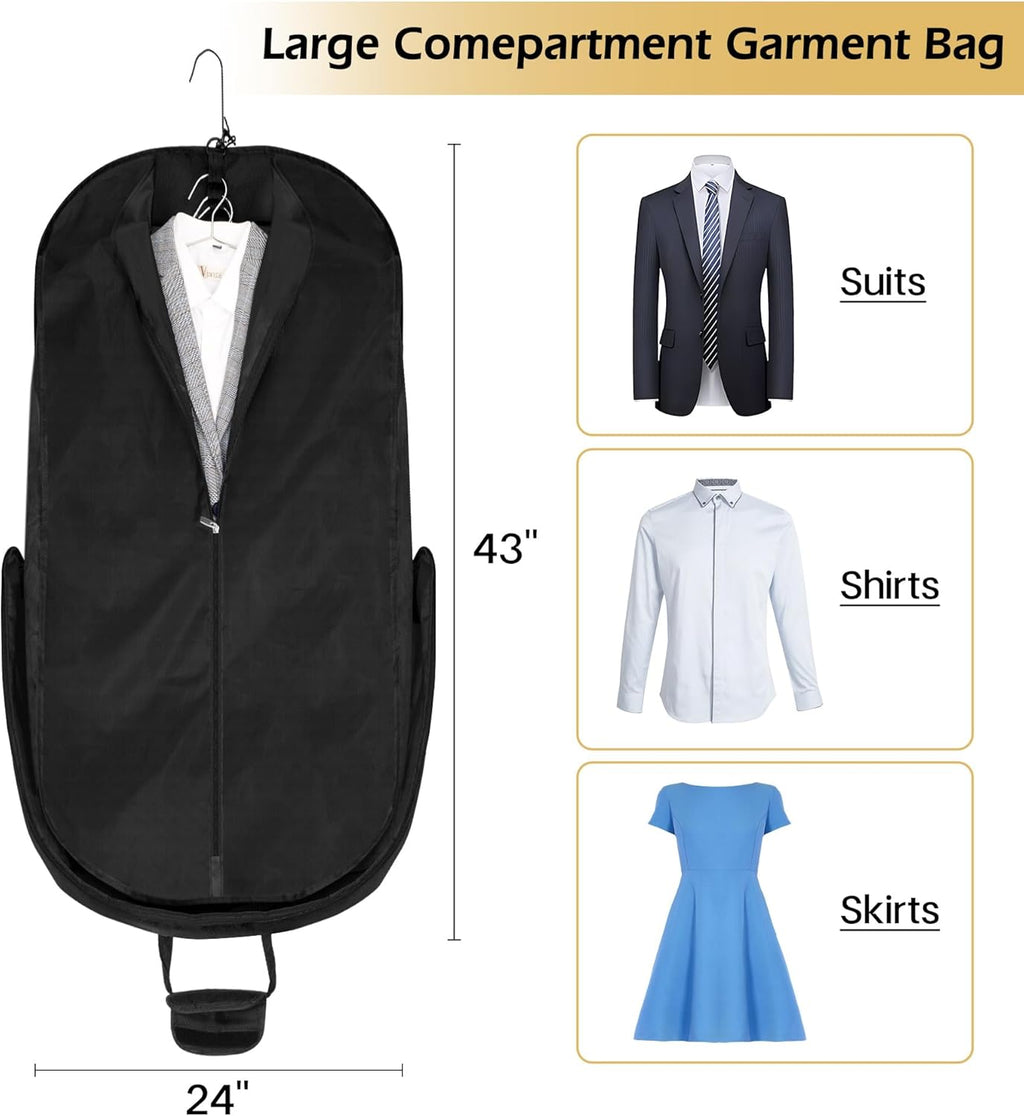 Carry On Garment Bag for Travel, 43'' Heavy Duty Suit Bag with Metal Hook, Waterproof Convertible 2 in 1 Duffle Bag, Black B33207