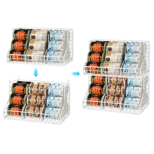 JKsmart 2 Pack Stackable Can Rack Organizer for Pantry Storage,Can Dispensers with 4 Adjustable Dividers, 2-Tier Metal Wire Basket Beverage Pop Soda Rack for Kitchen Cabinet Pantry, Black