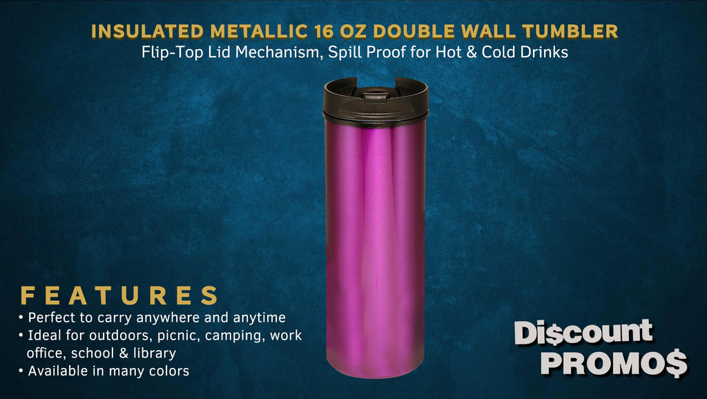 16 oz Double Wall Tumbler with Flip-Top Lid, Spill Proof, Purple, 10 Pack J244743
