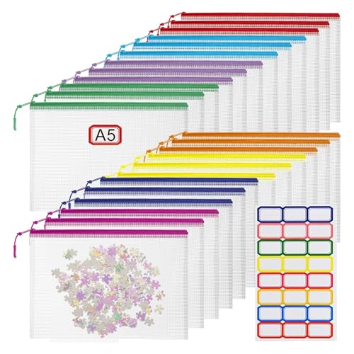 A5 Mesh Zipper Pouch, 24 Pack 9.5" x 7.1" Plastic Zipper Pouches for Organizing, Multipurpose Waterproof Zipper Bags for Travel Office Home Storage, Black